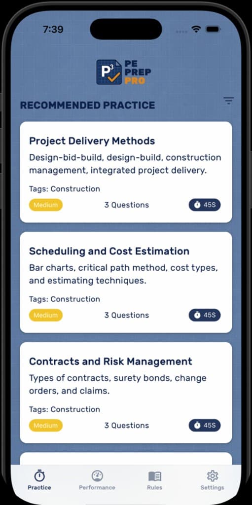 PE Prep Pro app showing Recommended Practice
